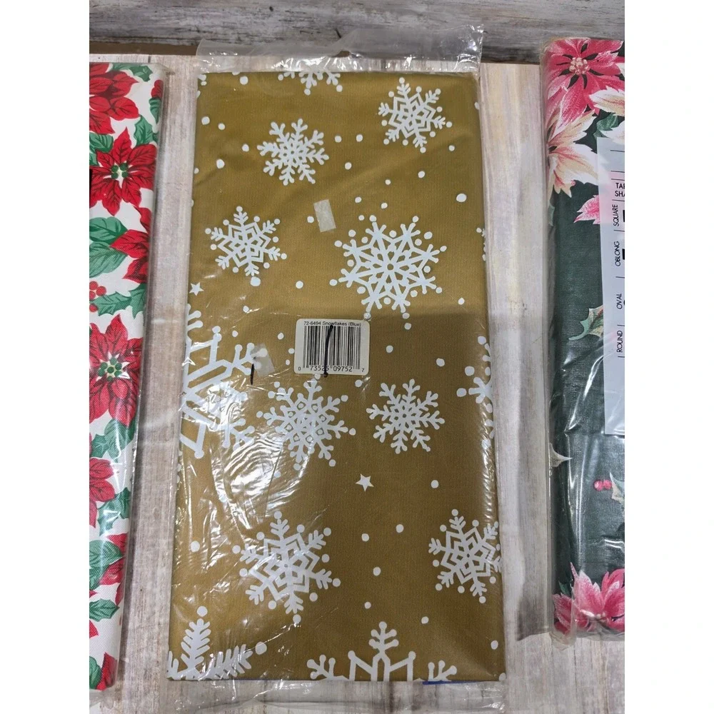 Lot of 3 Christmas Holiday Tablecloths Poinsettia Snowflake Vinyl Plastic Bundle